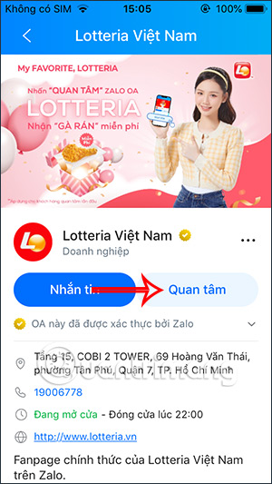 Quan tâm tài khoản Zalo OA