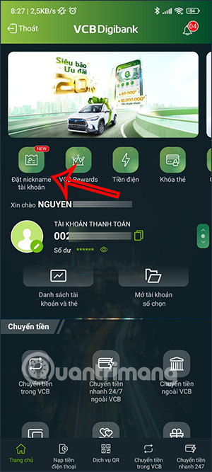 Đặt nickname tài khoản Vietcombank
