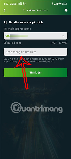 Nhập tên nickname tài khoản Vietcombank