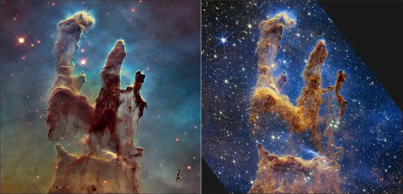 Ảnh của Kính viễn vọng Không gian Hubble (trái) và Ảnh của Kính viễn vọng Không gian James Webb (phải)