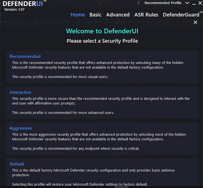 Lựa chọn cấu hình DefenderUI