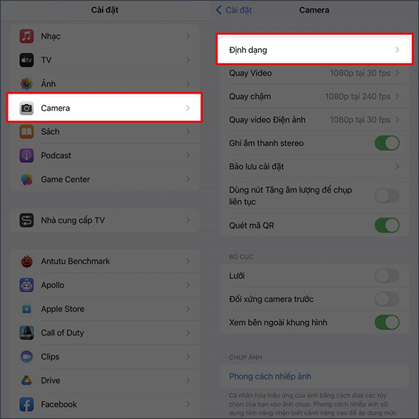 Chỉnh định dạng camera trên iPhone