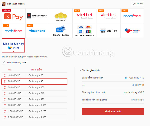 Hướng dẫn nạp Liên Quân qua Mobile Money VNPT