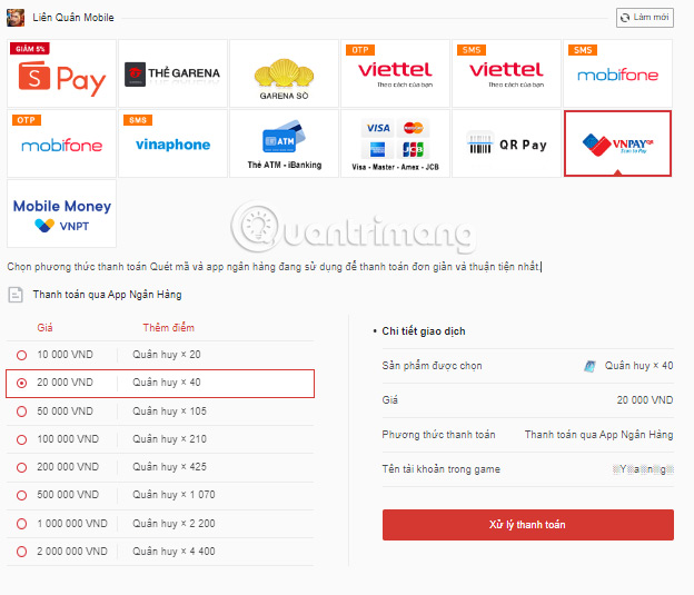 Nạp quân huy qua cổng VNPay