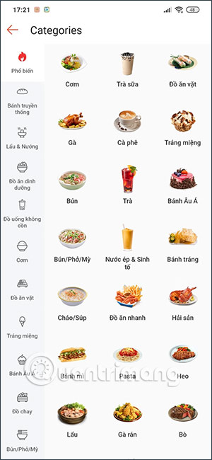 Danh mục đồ ăn trên ShopeeFood