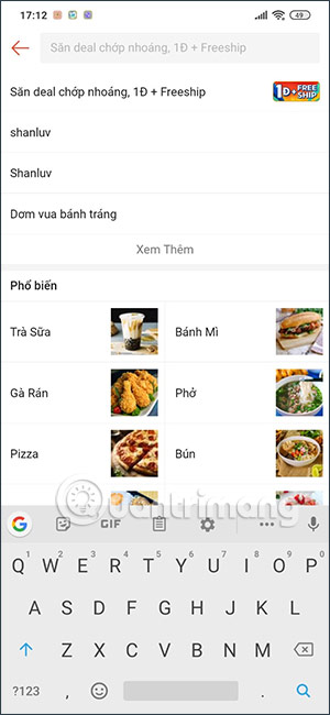 Tìm kiếm đồ ăn trên ShopeeFood
