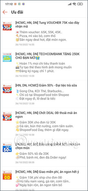 Thông báo ưu đãi trên ShopeeFood
