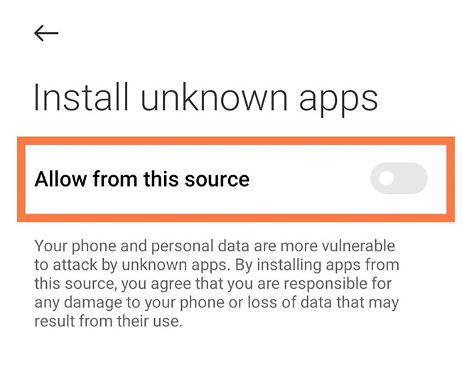 The settings page allows installation of unknown applications