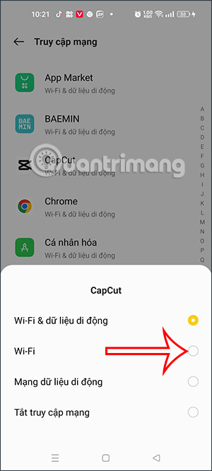 Tắt dùng data cho ứng dụng