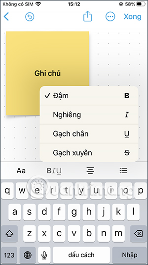 Chỉnh định dạng nội dung ghi chú