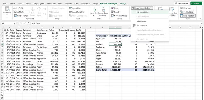 Nút Fields, Items, & Sets trong Excel