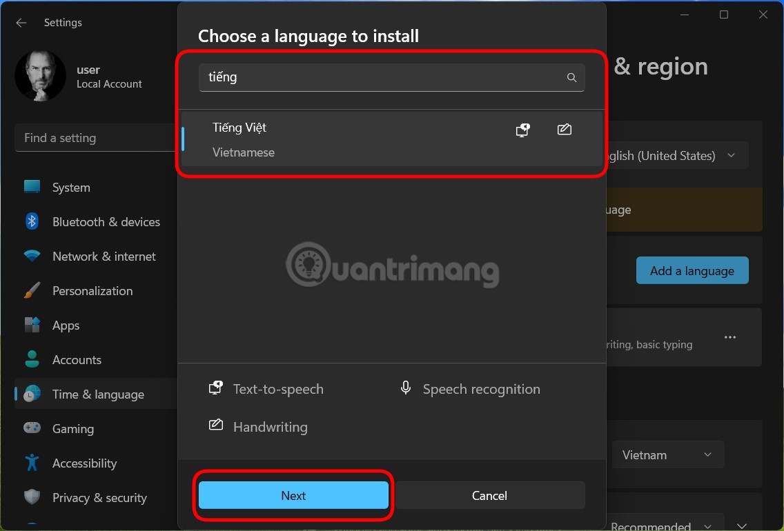 Tìm ngôn ngữ Tiếng Việt và chọn sau đó nhấn Next