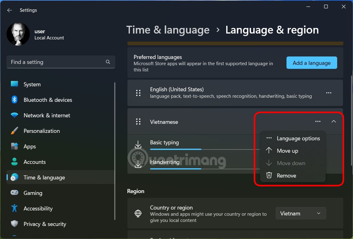 Chọn Language options