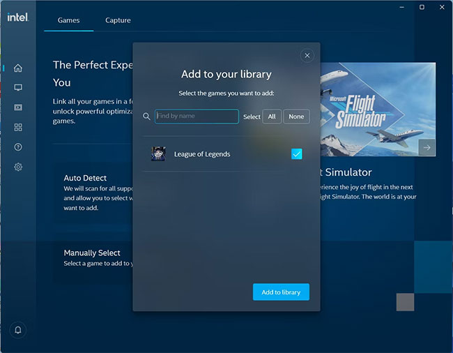 Cửa sổ pop-up để thêm game vào Intel Graphics Command Center