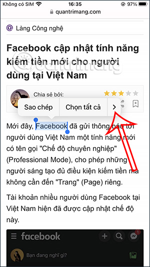 Tùy chọn tìm từ trên Safari