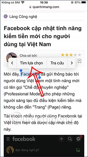 Tìm từ lựa chọn trên Safari