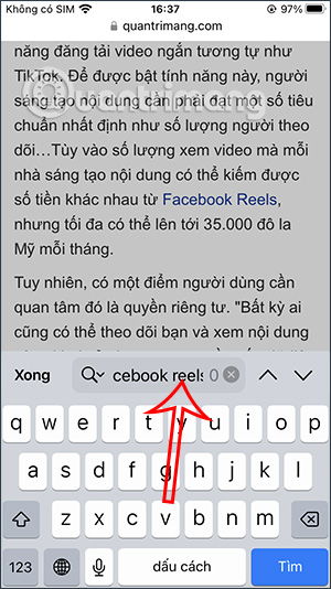 Từ khóa cần tìm trên Safari