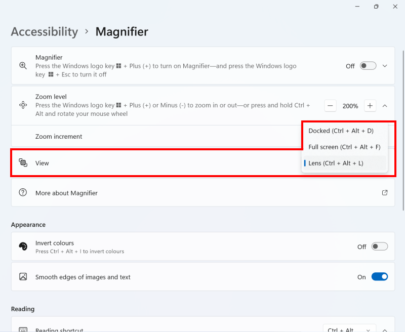 Sử dụng menu drop-down View để thay đổi chế độ xem Magnifier