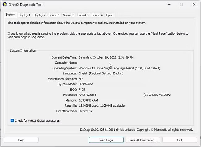 Mở DirectX Diagnostic Tool