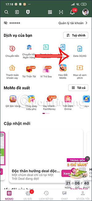 Đăng ký data trên MoMo