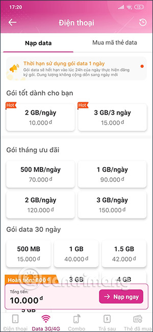 Chọn gói data cần đăng ký trên MoMo