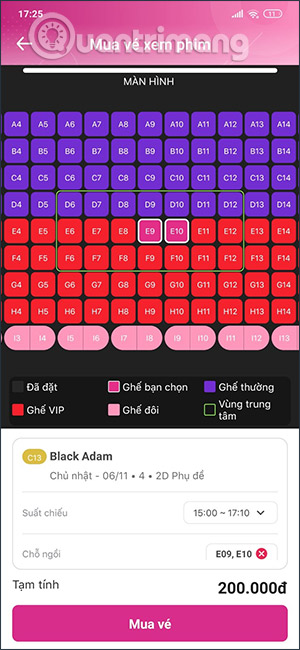Chọn ghế xem phim trên MoMo