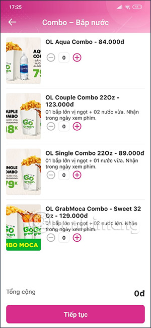 Chọn combo nước trên MoMo