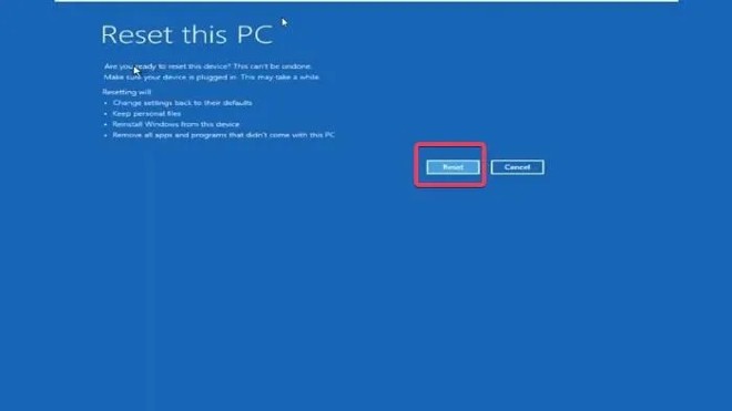 Bạn nhấn Reset để xác nhận cài đặt lại máy tính Windows 11