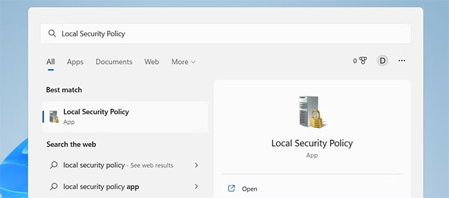 Mở Local Security Policy bằng chức năng tìm kiếm của Windows