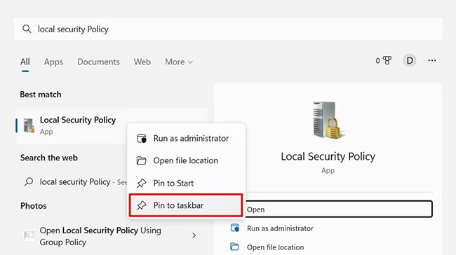 Ghim Local Security Policy vào Taskbar