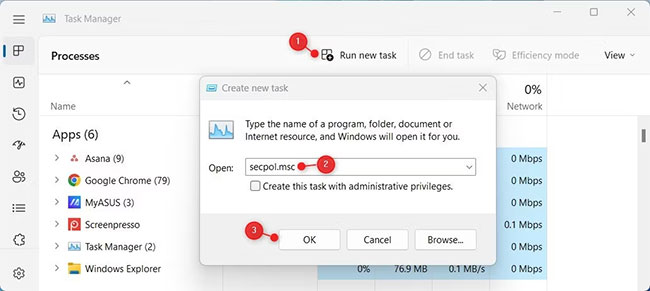 Mở Local Security Policy thông qua Task Manager