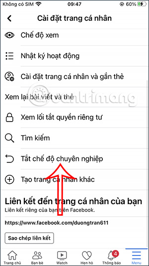 Tắt chế đọ chuyên nghiệp Facebook