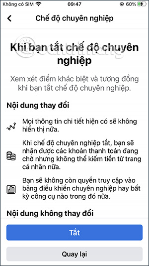 Nội dung tắt chế độ chuyên nghiệp Fb