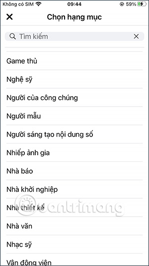 Chọn hạng mục chuyen nghiệp Facebook