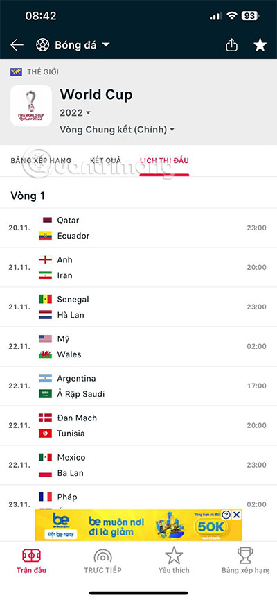 lịch thi đấu wc hôm nay