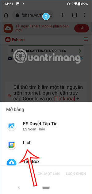 Chọn ứng dụng Lịch mở tập tin