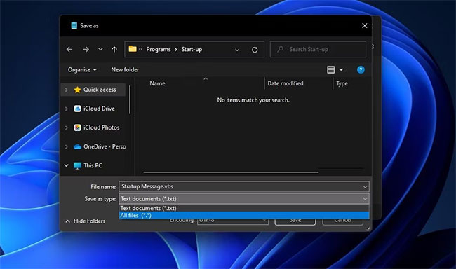 Tùy chọn All files trong menu drop-down Save as type