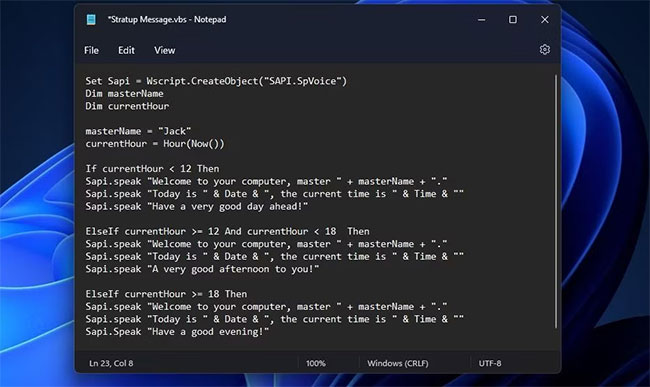 VBS script của thông báo bằng giọng nói có điều kiện