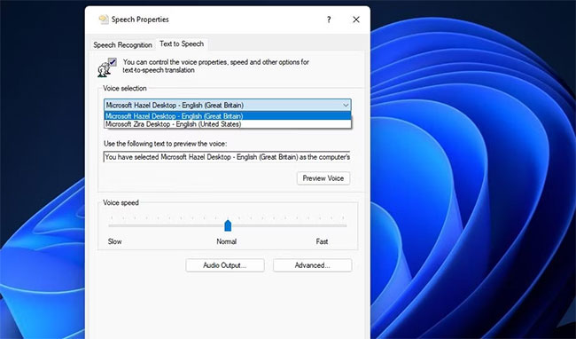 Chọn một tùy chọn khác trên menu drop-down Voice selection