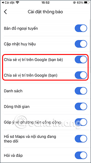 Bật thông báo chia sẻ vị trí cho Google Maps