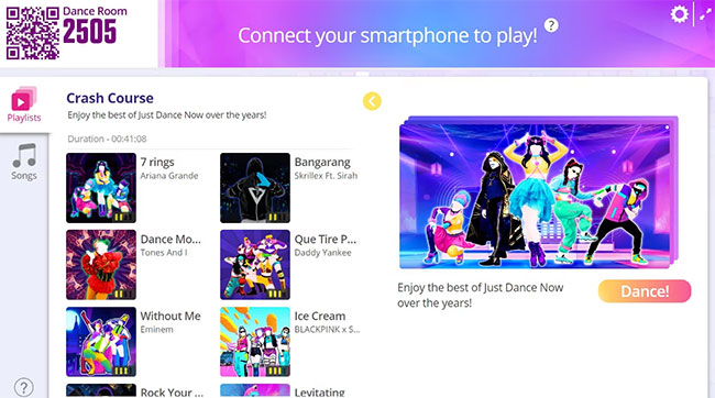 Màn hình lựa chọn Just Dance Now trong cửa sổ trình duyệt