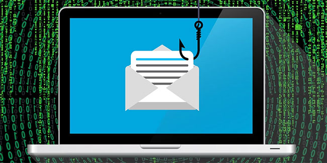 Laptop có biểu tượng lừa đảo trên nền ma trận