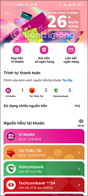 Chọn ngân hàng liên kết ví MoMo