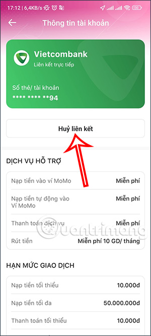 Hủy liên kết ngân hàng MoMo