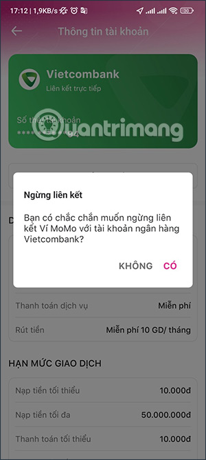 Nhấn chọn hủy liên kết ngân hàng MoMo