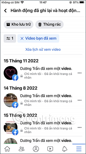 Danh sách video Facebook đã xem