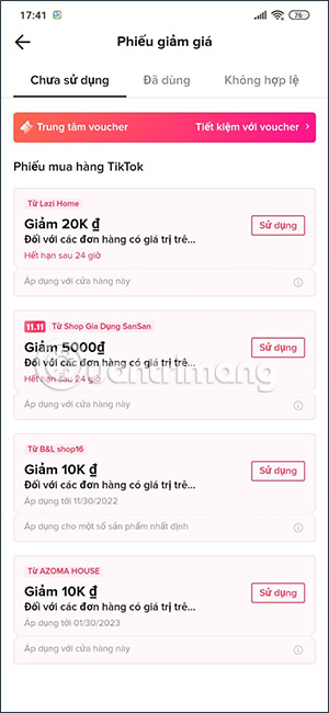 Danh sách mã trên TikTok Shop