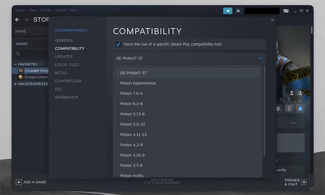 Tab tương thích hiển thị ProtonGE trên cửa sổ cài đặt game Steam và cửa sổ thư viện Steam