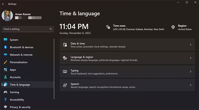 Time & language trong cài đặt hệ thống