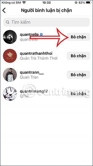 Danh sách đã chặn Instagram